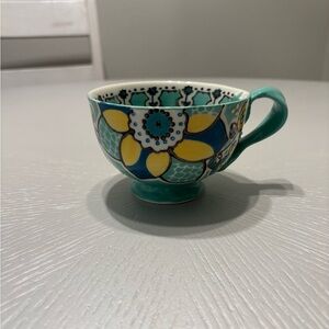 Anthropologie Elka Ayaka Aqua Floral Twisted Handle Footed Mug Pedestal Cup